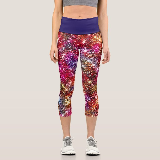 Elegant colourful faux Glitter monogram Capri Leggings (Front)