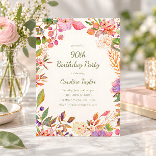 Elegant Colourful Floral 90th Birthday Garden Part Invitation