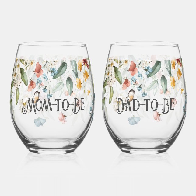 Elegant Colourful Floral Drop l Mum & Dad-to-Be Stemless Wine Glass (Front)