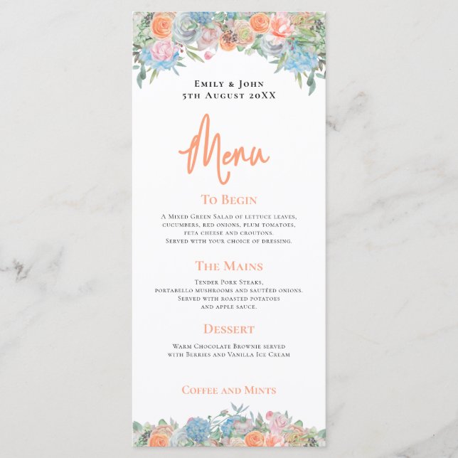 Elegant Colourful Floral Leaves Border Wedding Menu (Front)