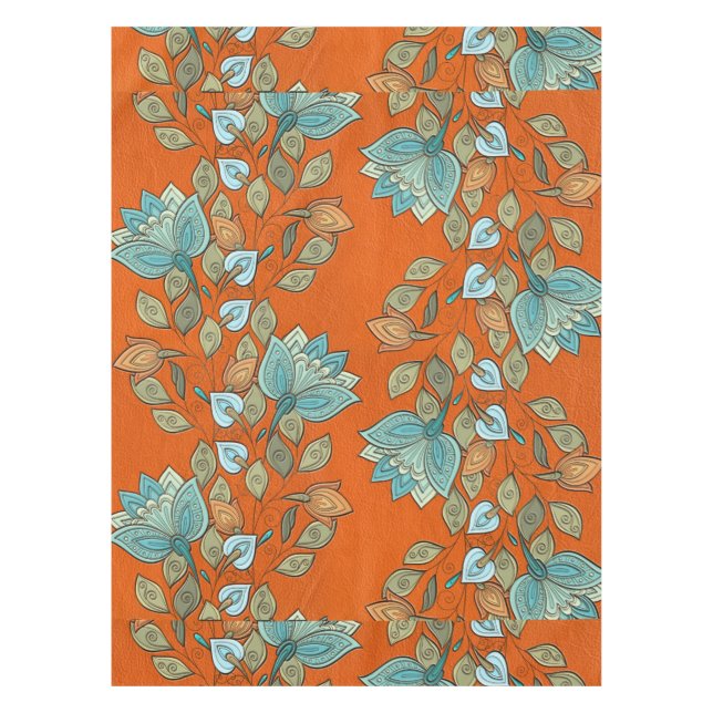 Elegant  Colourful Floral Swirl on Orange  Leather Tablecloth (Front)
