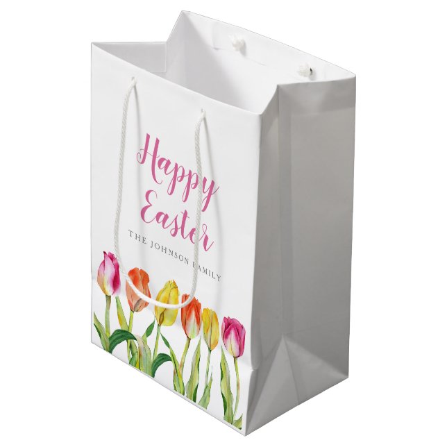 Elegant Colourful Floral Watercolor Tulips Medium Gift Bag (Front Angled)