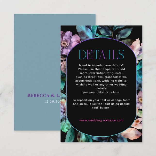 Elegant colourful florals black wedding details  enclosure card (Front/Back)