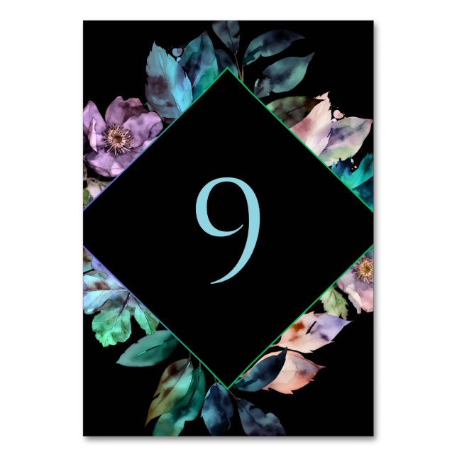 Elegant colourful florals black wedding  table number (Front)