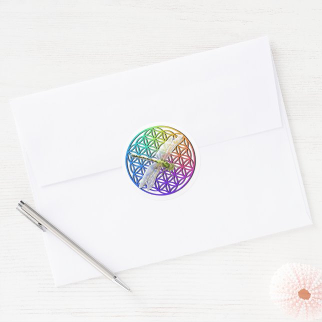 Elegant colourful flower of life dragonfly art classic round sticker (Envelope)