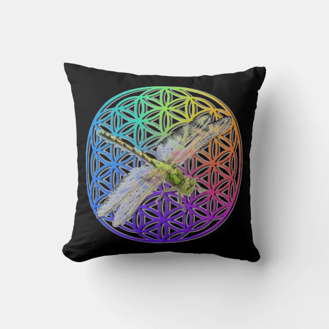 Elegant colourful flower of life dragonfly art cushion (Front)