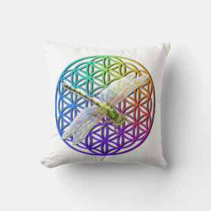 Elegant colourful flower of life dragonfly art cushion