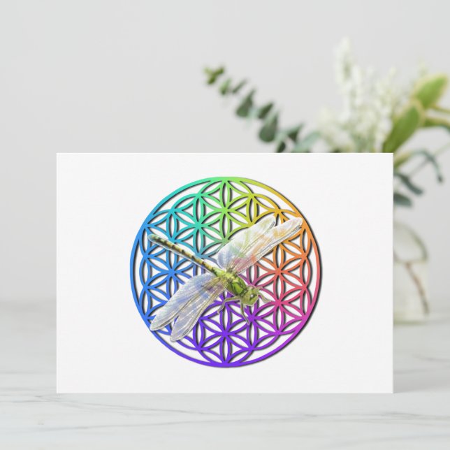 Elegant colourful flower of life dragonfly art invitation (Standing Front)