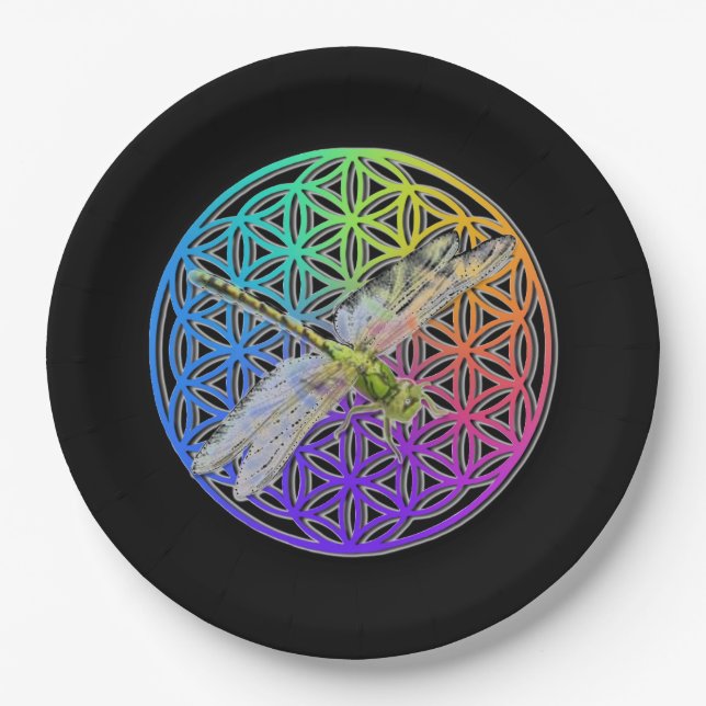 Elegant colourful flower of life dragonfly art paper plate (Front)
