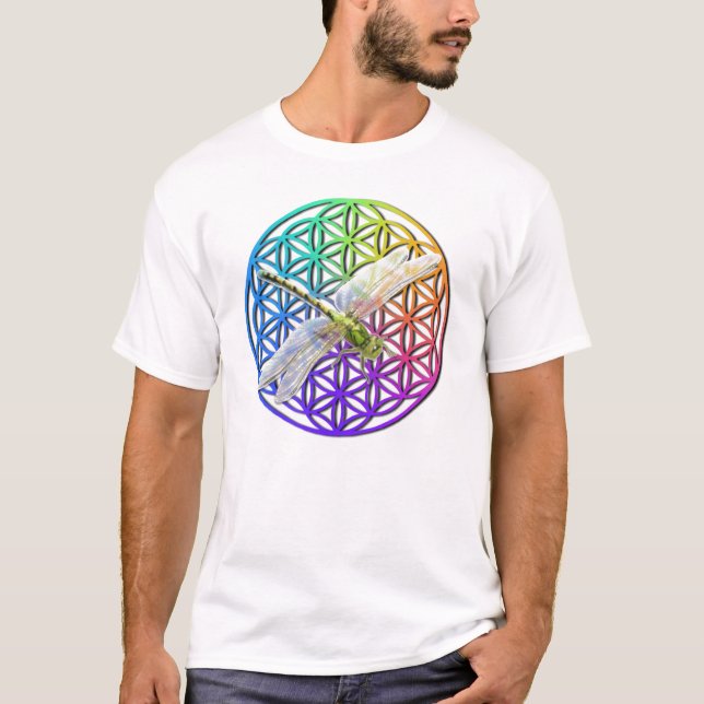 Elegant colourful flower of life dragonfly art T-Shirt (Front)
