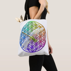 Elegant colourful flower of life dragonfly art tote bag