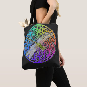Elegant colourful flower of life dragonfly art tote bag