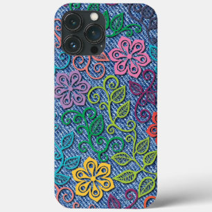 Elegant Colourful Flower Pattern Denim Blue Jeans iPhone 13 Pro Max Case