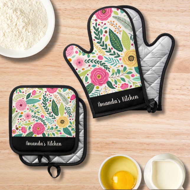Elegant Colourful Flowers & Kraft Personalised Gif Oven Mitt & Pot Holder Set (Creator Uploaded)