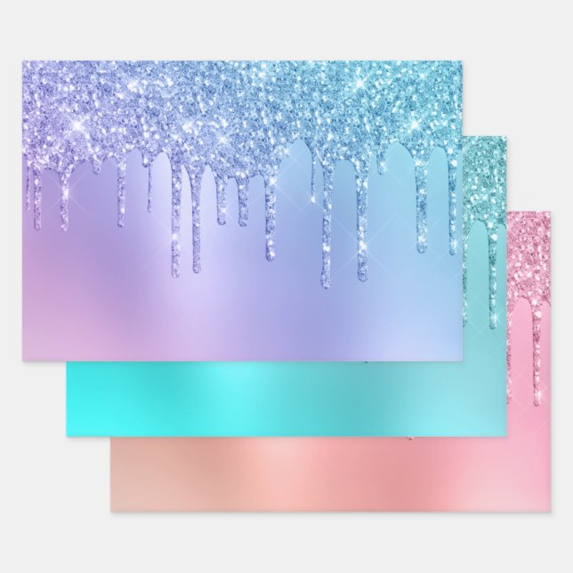 Elegant colourful glitter drips  wrapping paper sheet (Set)
