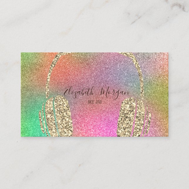 Elegant Colourful Glitter Gold Headphone DJ Business Card (Front)