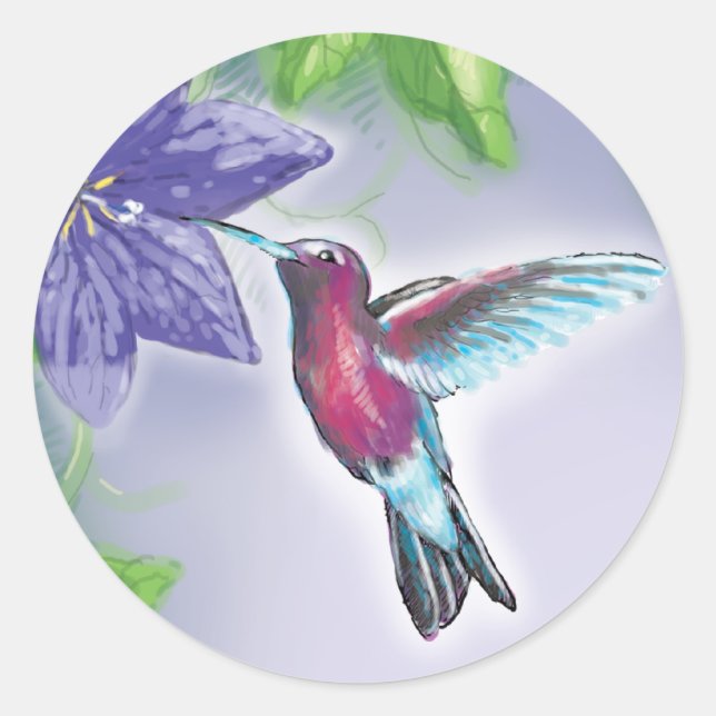 elegant colourful hummingbird and purple flowers classic round sticker (Front)
