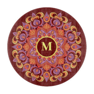 Elegant Colourful Mandala Flourish Monogram Glass Cutting Board