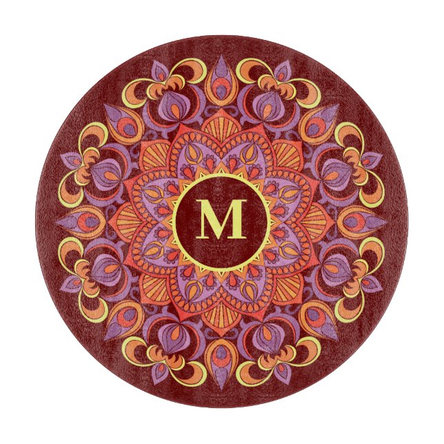 Elegant Colourful Mandala Flourish Monogram Glass Cutting Board (Front)
