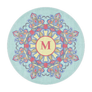 Elegant Colourful Mandala Flourish Monogram Glass Cutting Board