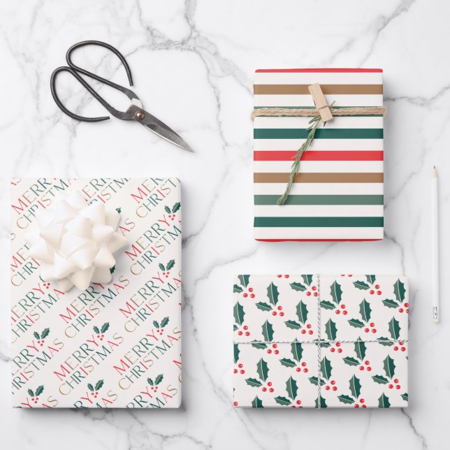 Elegant Colourful Merry Christmas Greenery Leaves Wrapping Paper Sheet (Front)