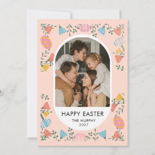Elegant Colourful Oval Floral Easter Family Photo Holiday Card