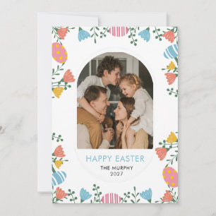 Elegant Colourful Oval Floral Easter Family Photo Holiday Card