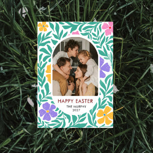Elegant Colourful Oval Floral Easter Family Photo Holiday Card