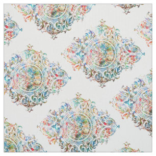 Elegant Colourful Over White Floral Ornament Fabric