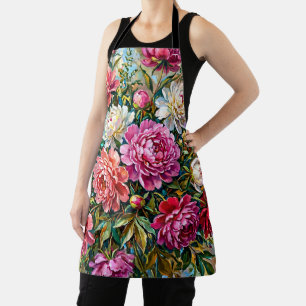 Elegant Colourful Painted Peony Flowers Apron