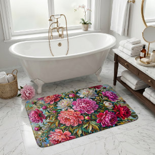 Elegant Colourful Painted Peony Flowers Bath Mat