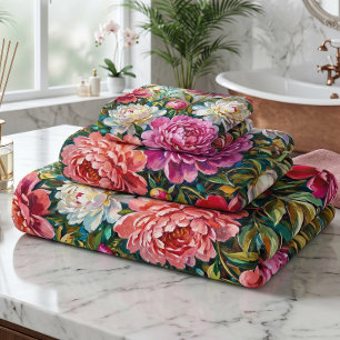 Elegant Colourful Painted Peony Flowers Bath Towel Set