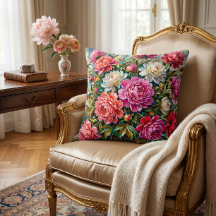 Elegant Colourful Painted Peony Flowers Cushion