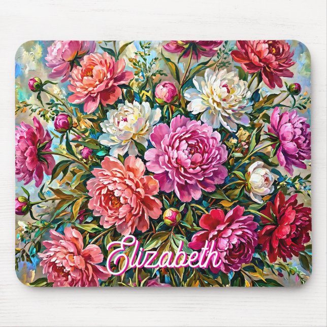 Elegant Colourful Painted Peony Flowers Mouse Mat (Front)
