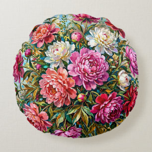 Elegant Colourful Painted Peony Flowers Round Cushion