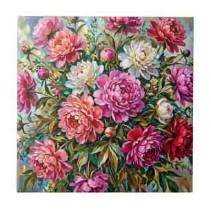 Elegant Colourful Painted Peony Flowers Tile