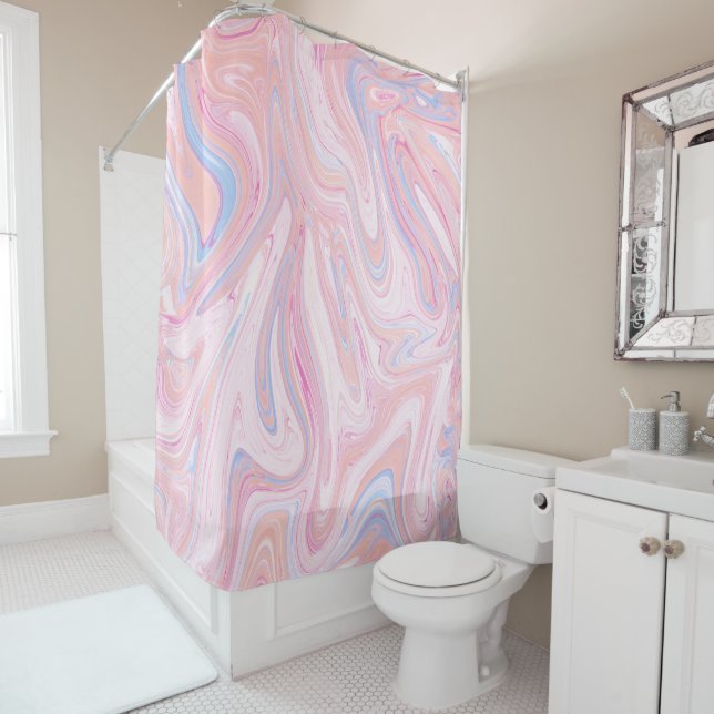 Elegant colourful pastel pink blue orange marble shower curtain (In Situ)
