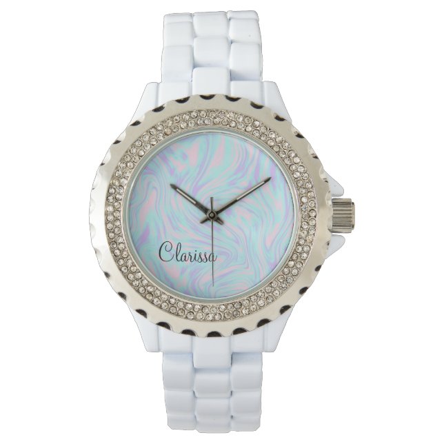 elegant colourful pink blue purple white marble watch (Front)