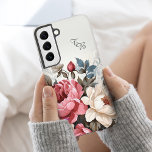Elegant Colourful Pink Roses w/Monogram Samsung Galaxy Case<br><div class="desc">Gorgeous colourful pink and antique white roses with grey and dusty blue foliage on subtle off-white background with customisable two-initial monogram text fields.</div>