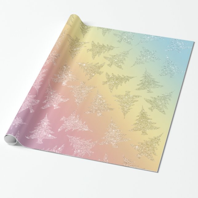 Elegant Colourful Rainbow Christmas Tree Pattern Wrapping Paper (Unrolled)