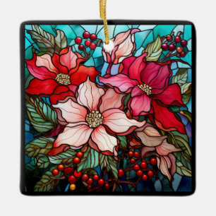 Elegant Colourful Red Christmas Poinsettias Ceramic Ornament