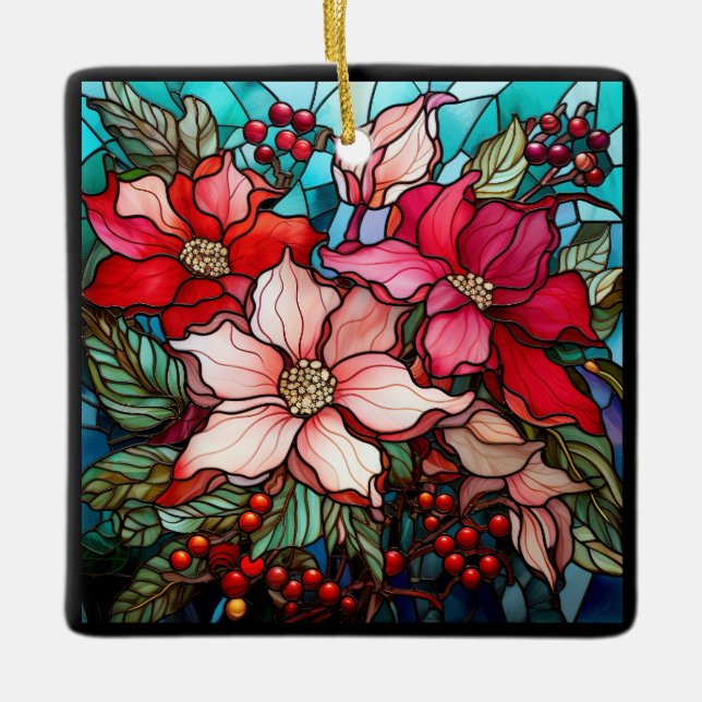 Elegant Colourful Red Christmas Poinsettias Ceramic Ornament (Front)