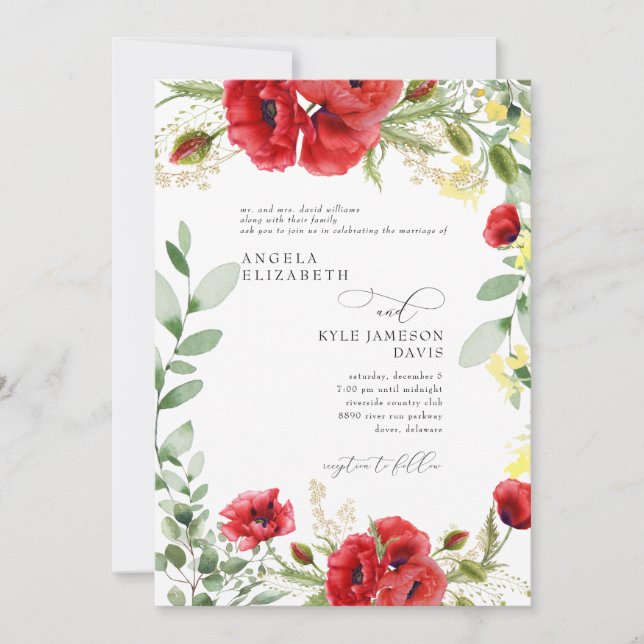 Elegant Colourful Red Foliage Poppies Wedding  Invitation (Front)