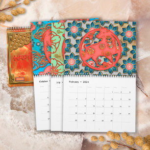 Elegant Colourful Red Gold 12 Chinese Zodiac Signs Calendar