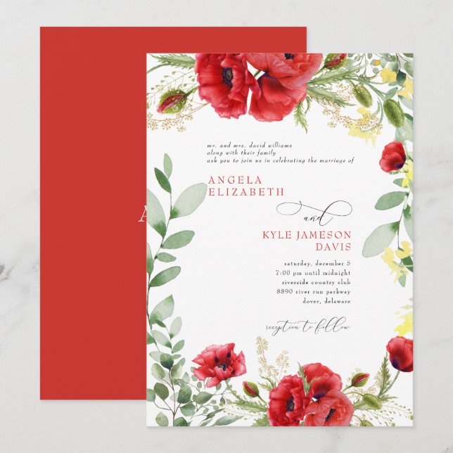 Elegant Colourful Red Poppies Wedding  Invitation (Front/Back)