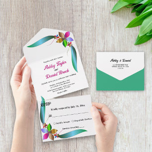 Elegant Colourful Rose Shiny Modern Floral Wedding All In One Invitation