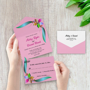 Elegant Colourful Roses Faux Foil Floral Wedding All In One Invitation