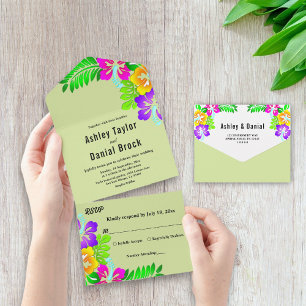 Elegant Colourful Roses Rustic Sage Floral Wedding All In One Invitation