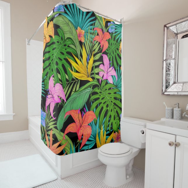 Elegant Colourful Summer Tropical Floral Leaves |  Shower Curtain (In Situ)
