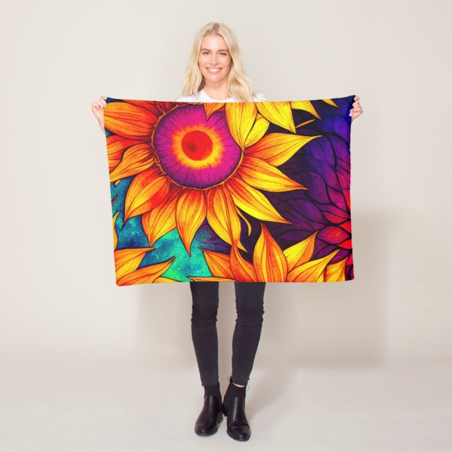Elegant Colourful Sunflower Flower Power Artwork | Fleece Blanket (In Situ)